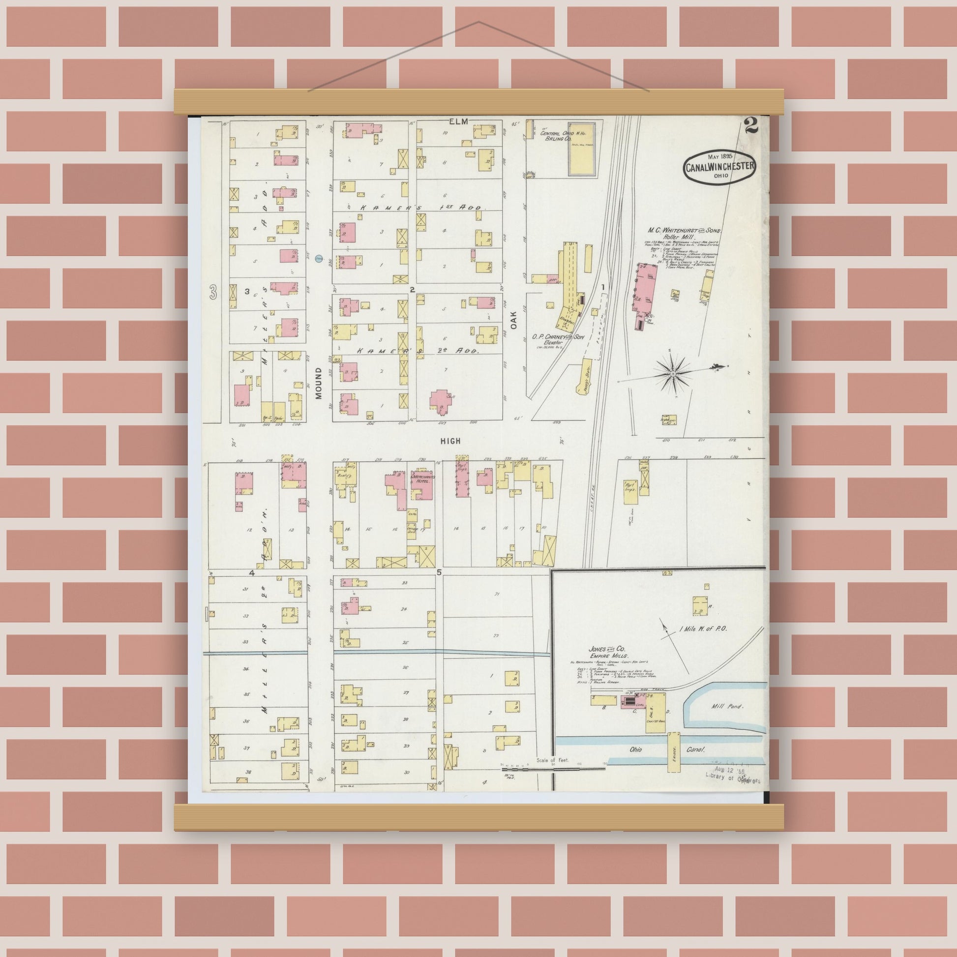 Old map wall art mockup — magnetic wood frame on brick wall — Sanborn Fire Insurance Map from Canal Winchester, Franklin County, Ohio (1895), Sheet #0002
