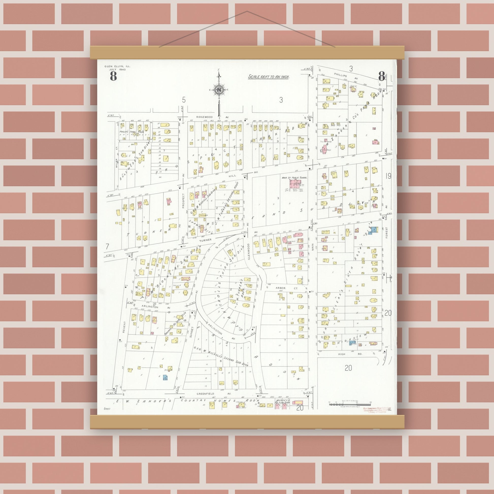 Old map wall art mockup — magnetic wood frame on brick wall — Sanborn Fire Insurance Map from Glen Ellyn, Du Page County, Illinois (1940), Sheet #0008