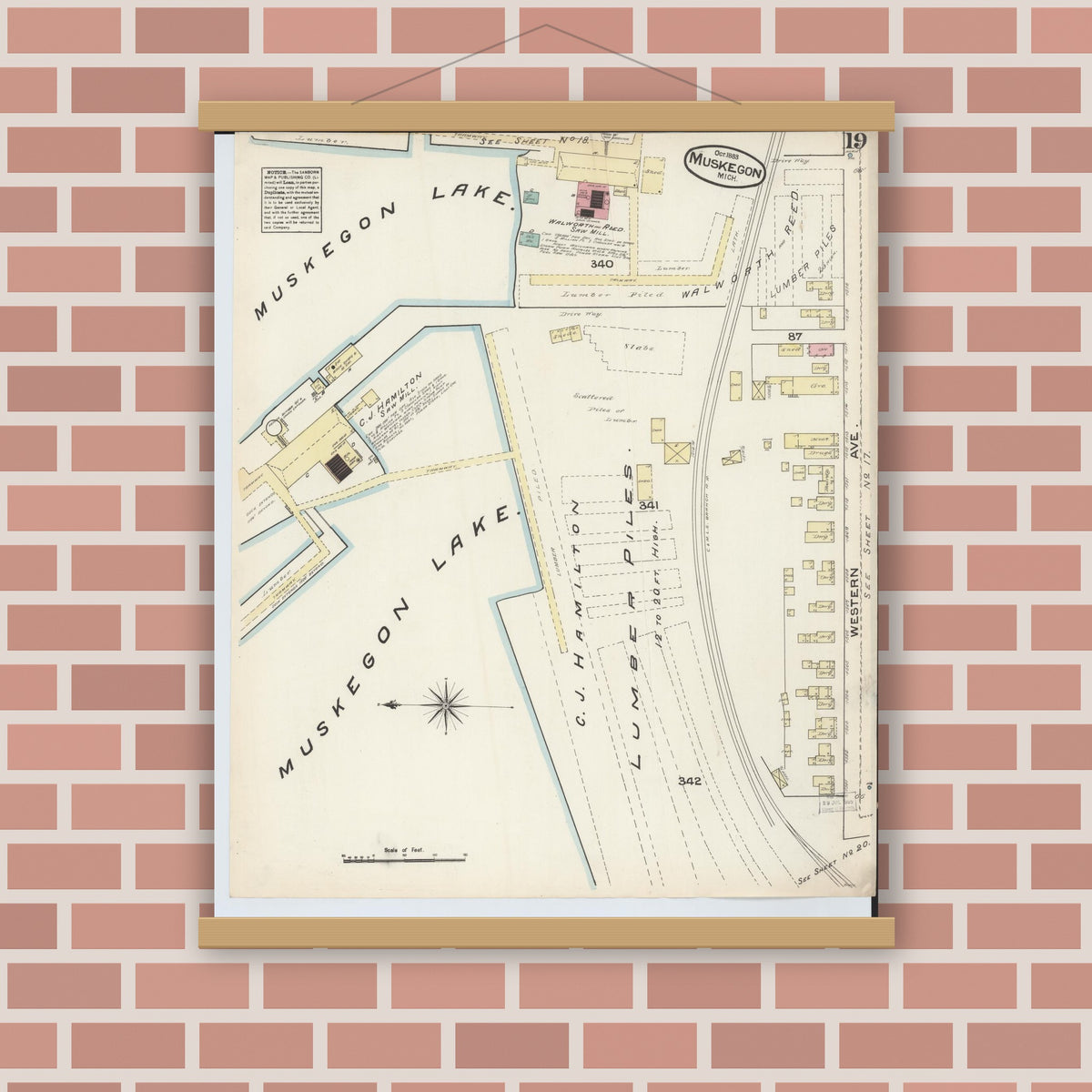 Old map wall art mockup — magnetic wood frame on brick wall — Sanborn Fire Insurance Map from Muskegon, Muskegon County, Michigan (1883), Sheet #0019