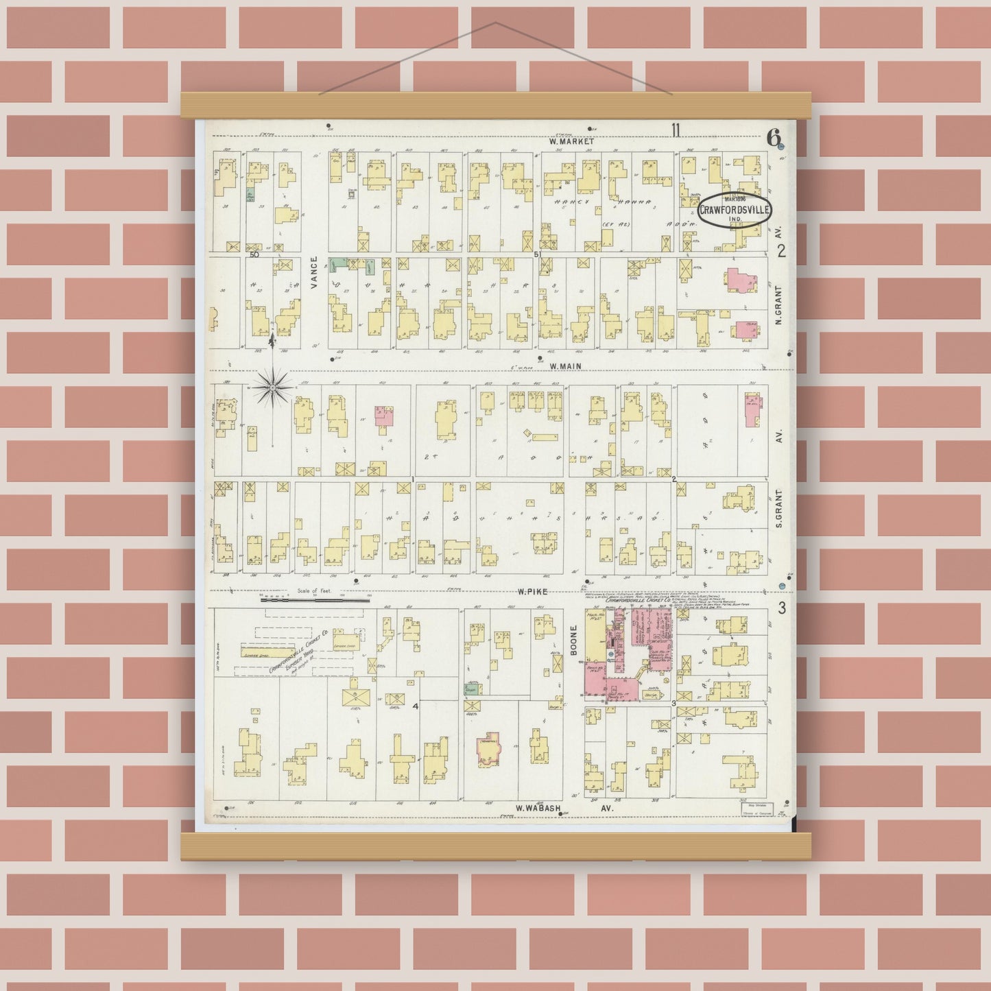 Old map wall art mockup — magnetic wood frame on brick wall — Sanborn Fire Insurance Map from Crawfordsville, Montgomery County, Indiana (1896), Sheet #0006