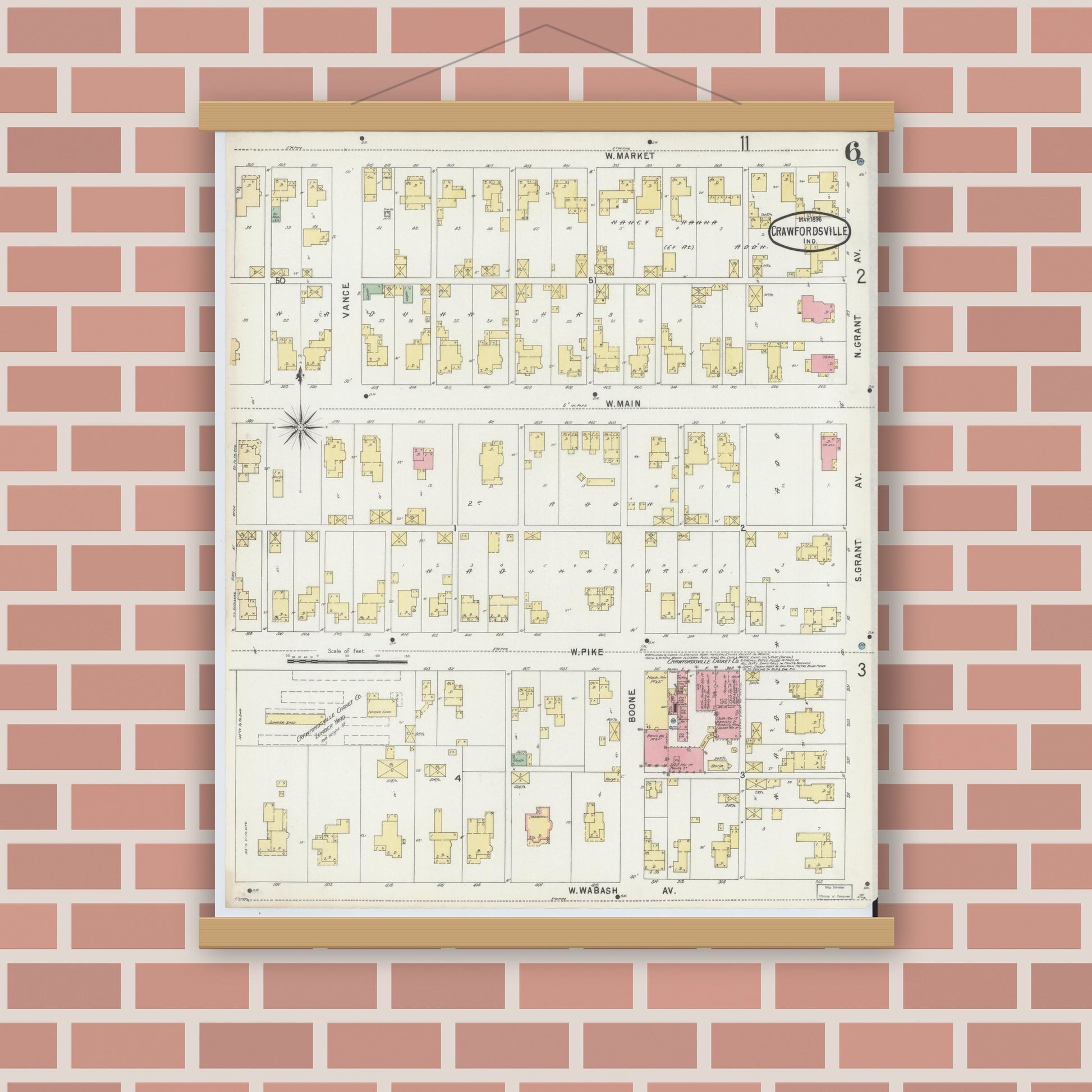 Old map wall art mockup — magnetic wood frame on brick wall — Sanborn Fire Insurance Map from Crawfordsville, Montgomery County, Indiana (1896), Sheet #0006