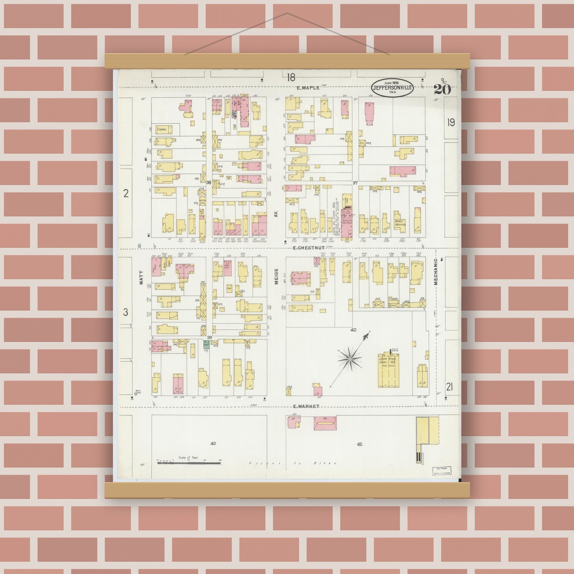 Old map wall art mockup — magnetic wood frame on brick wall — Sanborn Fire Insurance Map from Jeffersonville, Clark County, Indiana (1898), Sheet #0020