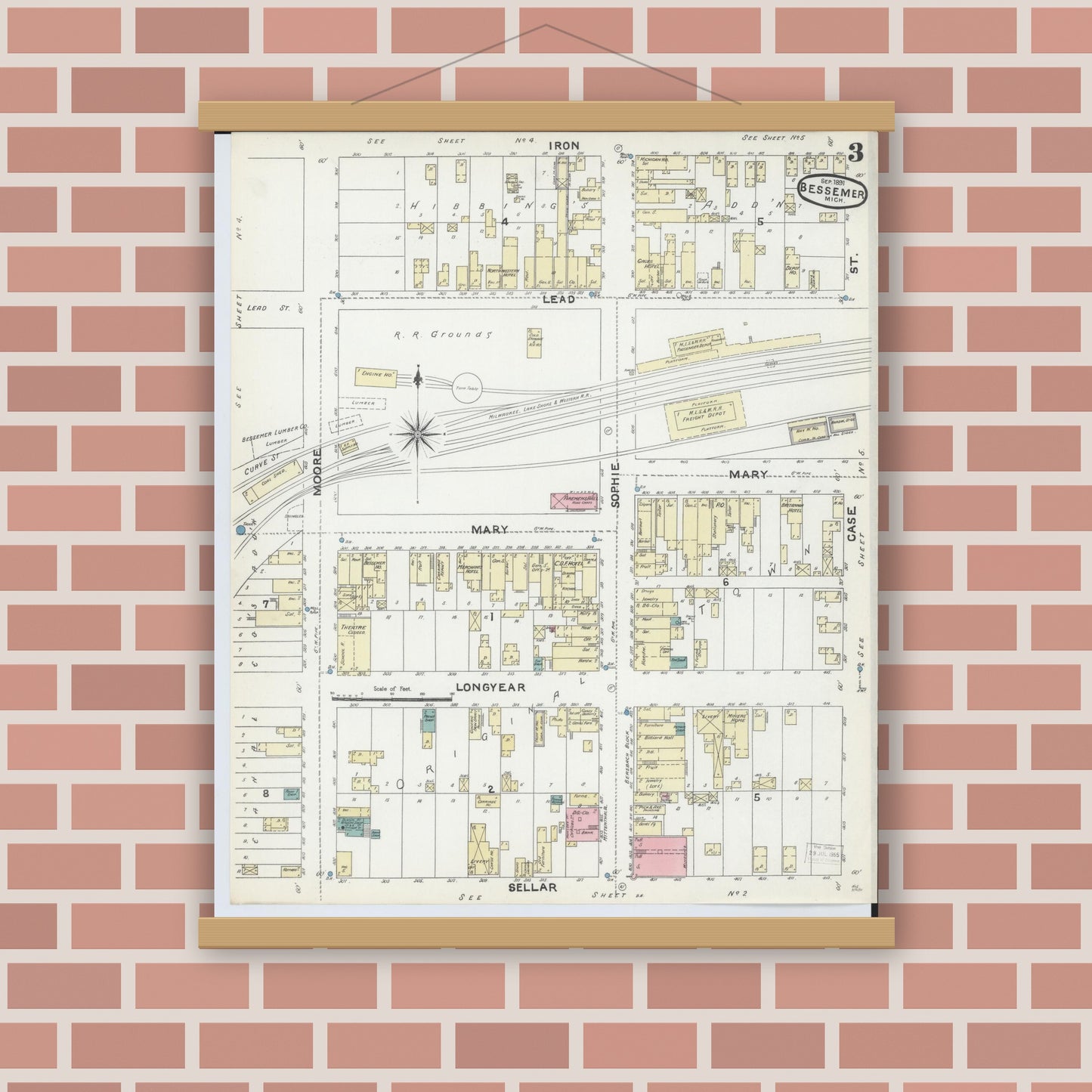Old map wall art mockup — magnetic wood frame on brick wall — Sanborn Fire Insurance Map from Bessemer, Gogebic County, Michigan (1891), Sheet #0003