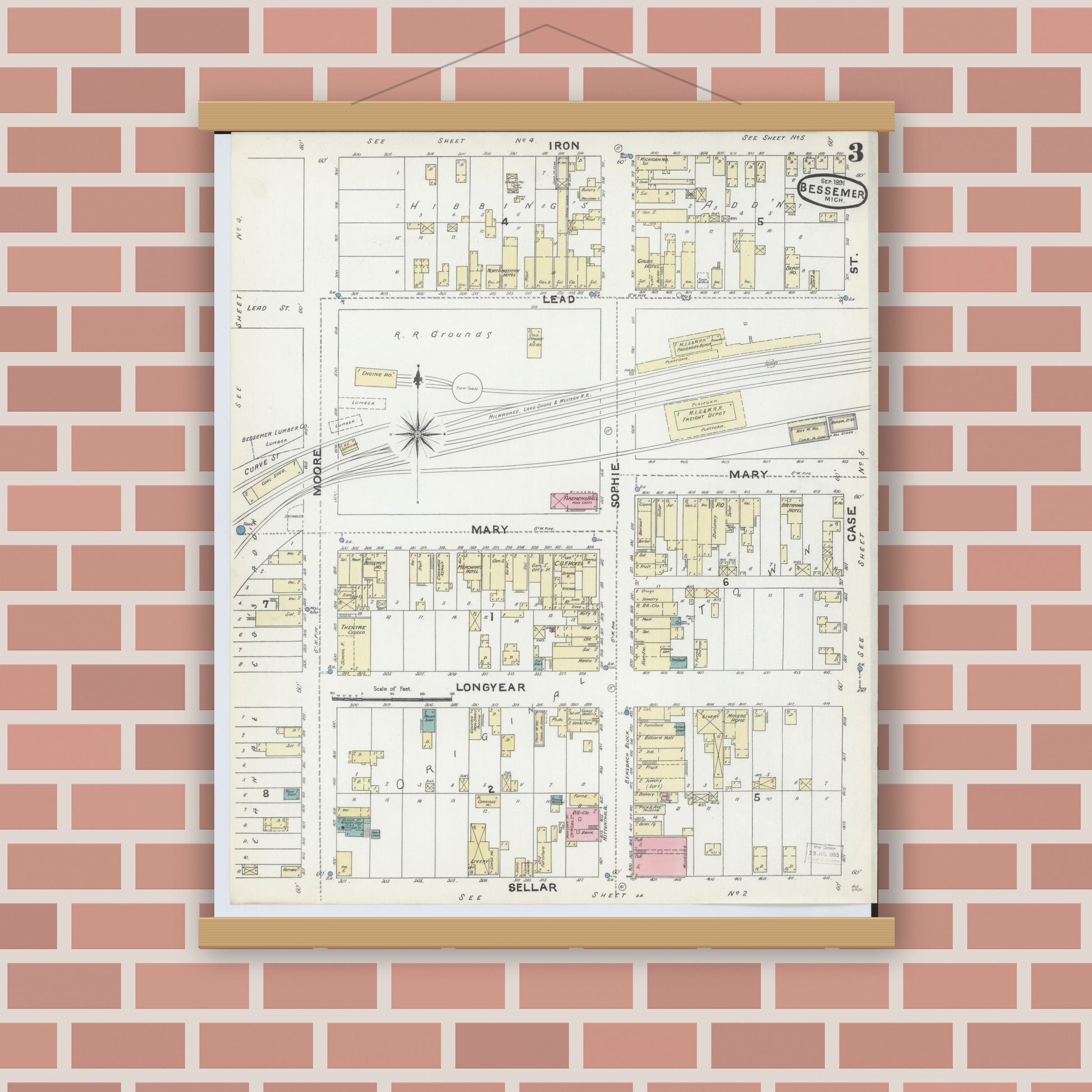 Old map wall art mockup — magnetic wood frame on brick wall — Sanborn Fire Insurance Map from Bessemer, Gogebic County, Michigan (1891), Sheet #0003