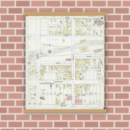 Old map wall art mockup — magnetic wood frame on brick wall — Sanborn Fire Insurance Map from Bessemer, Gogebic County, Michigan (1891), Sheet #0003