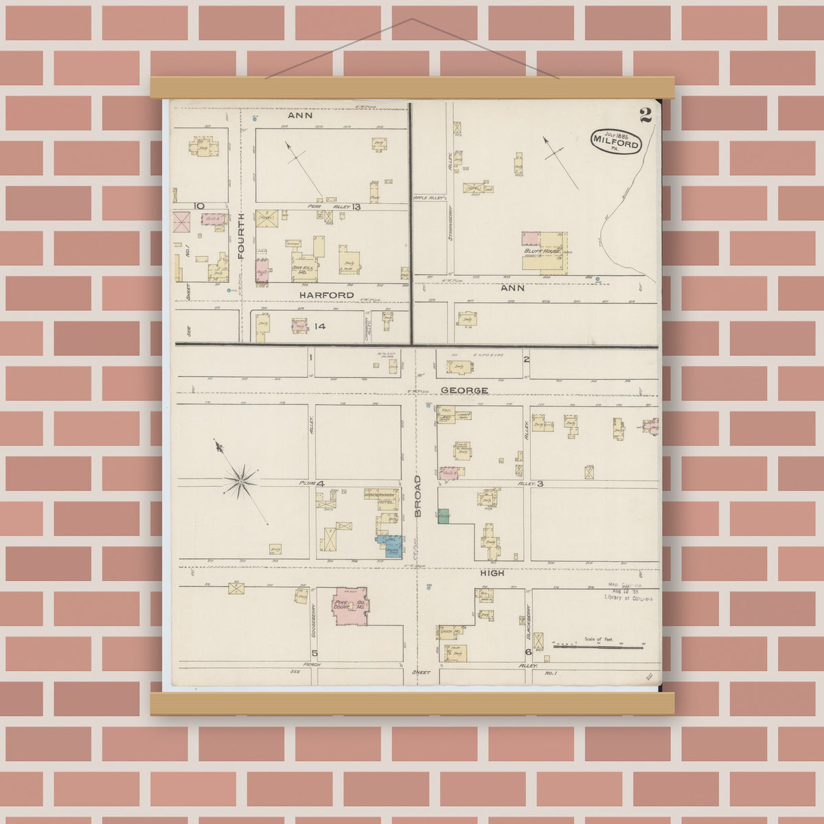 Old map wall art mockup — magnetic wood frame on brick wall — Sanborn Fire Insurance Map from Milford, Pike County, Pennsylvania (1885), Sheet #0002
