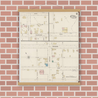 Old map wall art mockup — magnetic wood frame on brick wall — Sanborn Fire Insurance Map from Milford, Pike County, Pennsylvania (1885), Sheet #0002