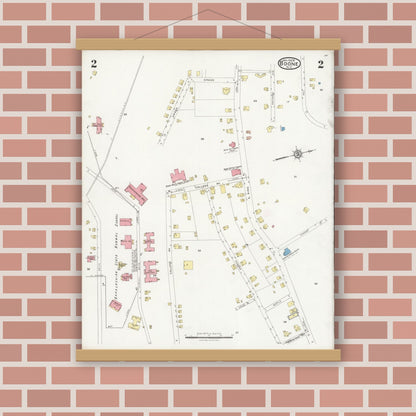 Old map wall art mockup — magnetic wood frame on brick wall — Sanborn Fire Insurance Map from Boone, Watauga County, North Carolina (1928), Sheet #0002