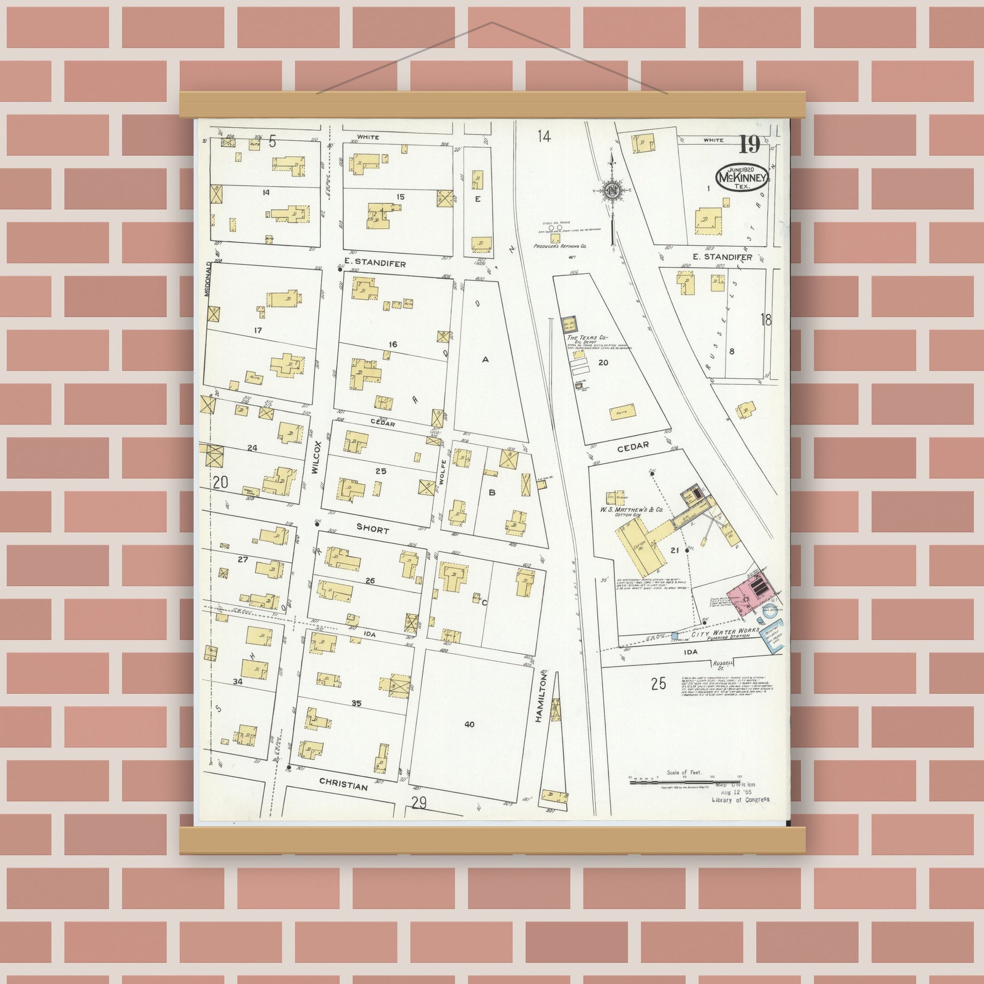 Old map wall art mockup — magnetic wood frame on brick wall — Sanborn Fire Insurance Map from McKinney, Collin County, Texas (1920), Sheet #0019