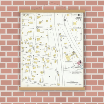 Old map wall art mockup — magnetic wood frame on brick wall — Sanborn Fire Insurance Map from McKinney, Collin County, Texas (1920), Sheet #0019
