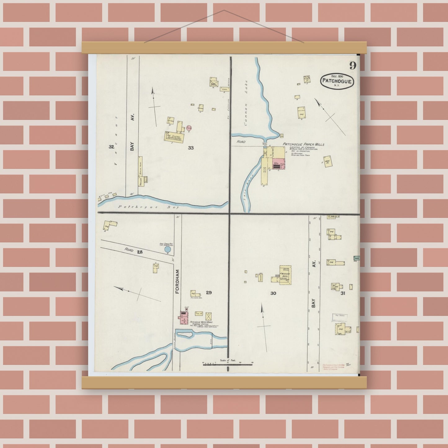 Old map wall art mockup — magnetic wood frame on brick wall — Sanborn Fire Insurance Map from Patchogue, Suffolk County, New York (1891), Sheet #0009