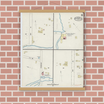 Old map wall art mockup — magnetic wood frame on brick wall — Sanborn Fire Insurance Map from Patchogue, Suffolk County, New York (1891), Sheet #0009