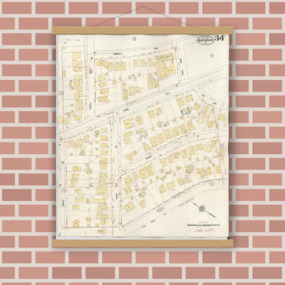 Old map wall art mockup — magnetic wood frame on brick wall — Sanborn Fire Insurance Map from Burlingame, San Mateo County, California (1949), Sheet #0034