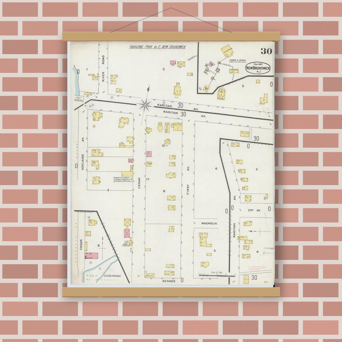 Old map wall art mockup — magnetic wood frame on brick wall — Sanborn Fire Insurance Map from New Brunswick, Middlesex County, New Jersey (1897), Sheet #0030