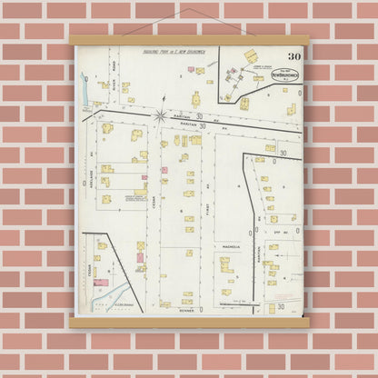 Old map wall art mockup — magnetic wood frame on brick wall — Sanborn Fire Insurance Map from New Brunswick, Middlesex County, New Jersey (1897), Sheet #0030