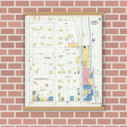 Old map wall art mockup — magnetic wood frame on brick wall — Sanborn Fire Insurance Map from Geneva, Kane County, Illinois (1905), Sheet #0005