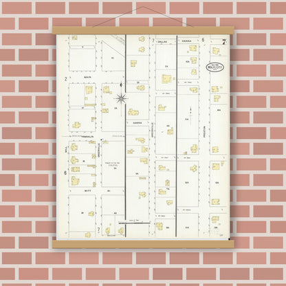 Old map wall art mockup — magnetic wood frame on brick wall — Sanborn Fire Insurance Map from Wolfe City, Hunt County, Texas (1909), Sheet #0007