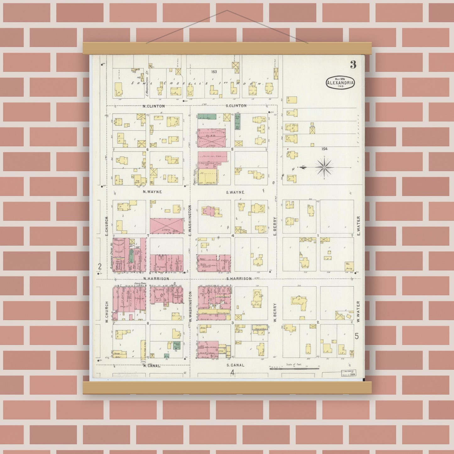 Old map wall art mockup — magnetic wood frame on brick wall — Sanborn Fire Insurance Map from Alexandria, Madison County, Indiana (1896), Sheet #0003