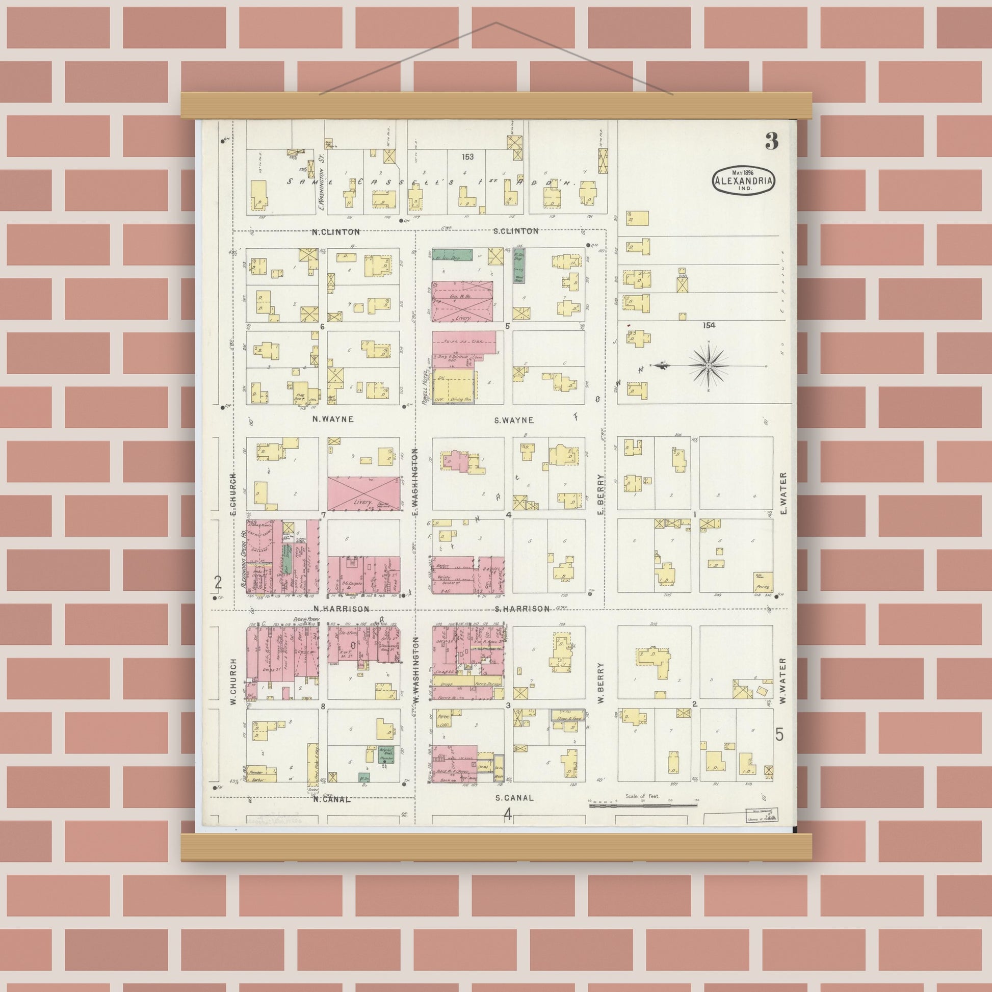 Old map wall art mockup — magnetic wood frame on brick wall — Sanborn Fire Insurance Map from Alexandria, Madison County, Indiana (1896), Sheet #0003