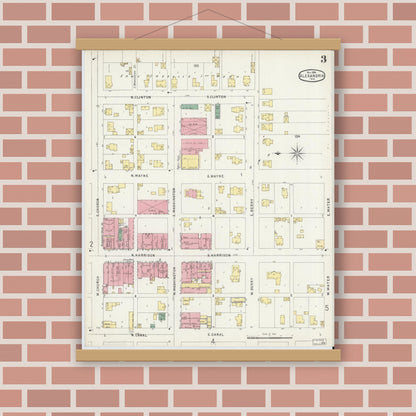 Old map wall art mockup — magnetic wood frame on brick wall — Sanborn Fire Insurance Map from Alexandria, Madison County, Indiana (1896), Sheet #0003