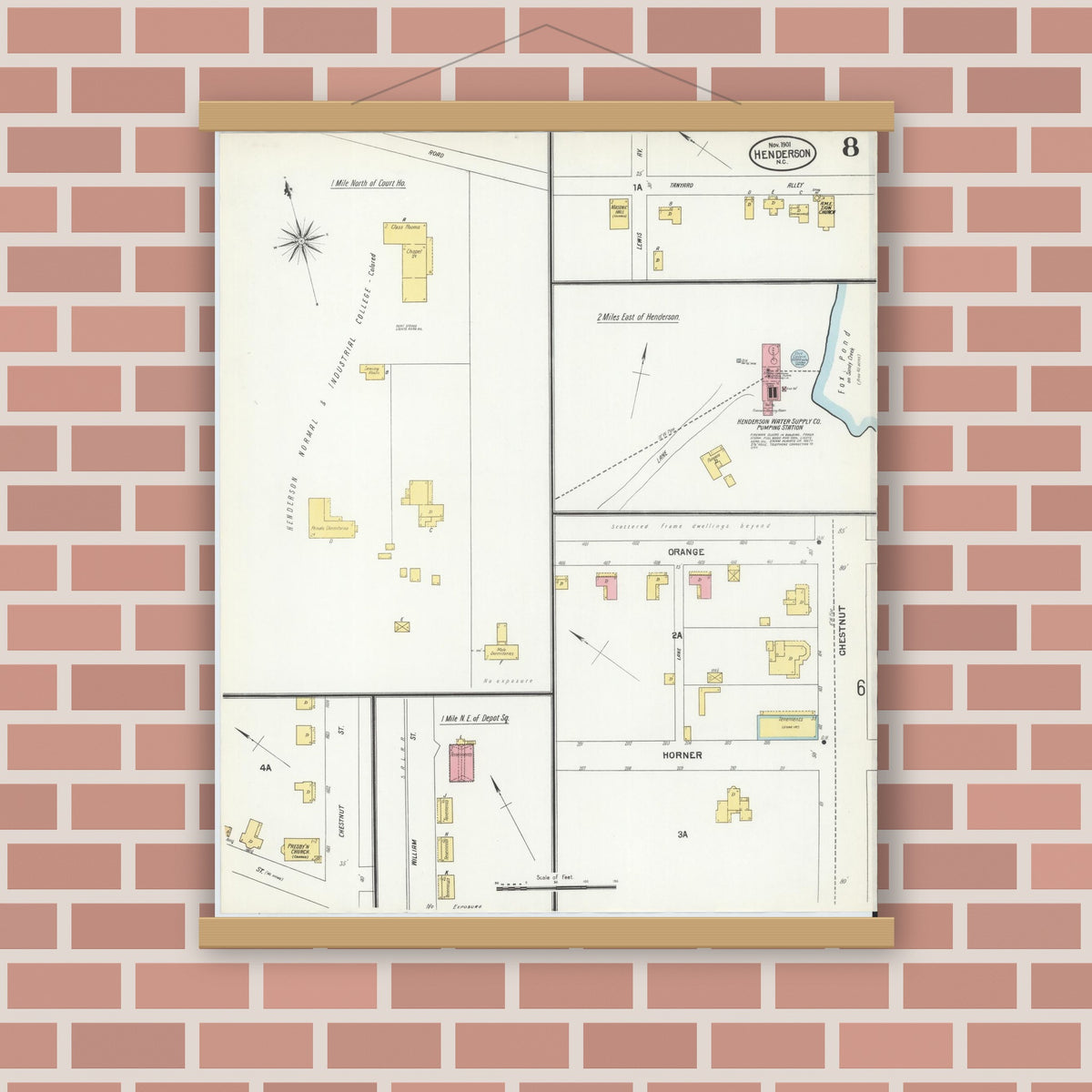 Old map wall art mockup — magnetic wood frame on brick wall — Sanborn Fire Insurance Map from Henderson, Vance County, North Carolina (1901), Sheet #0008