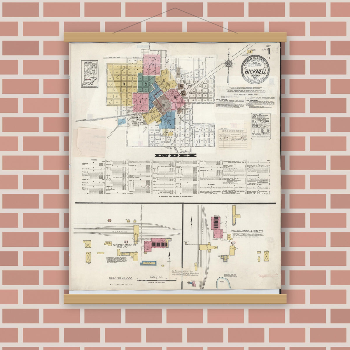 Old map wall art mockup — magnetic wood frame on brick wall — Sanborn Fire Insurance Map from Bicknell, Knox County, Indiana (1946) - Complete Map Set