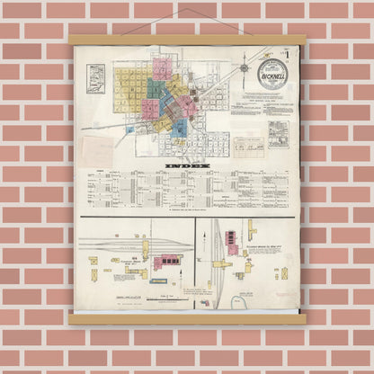 Old map wall art mockup — magnetic wood frame on brick wall — Sanborn Fire Insurance Map from Bicknell, Knox County, Indiana (1946) - Complete Map Set