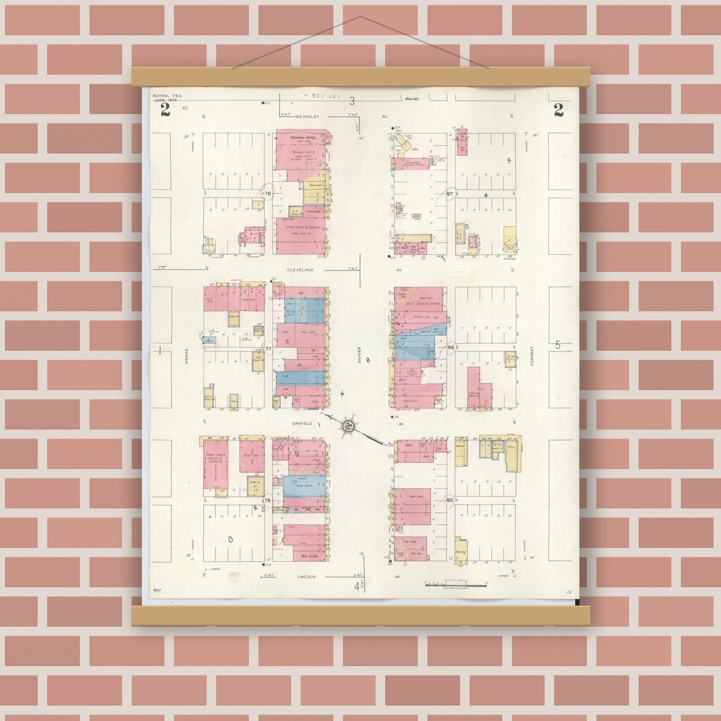 Old map wall art mockup — magnetic wood frame on brick wall — Sanborn Fire Insurance Map from Rotan, Fisher County, Texas (1940), Sheet #0002