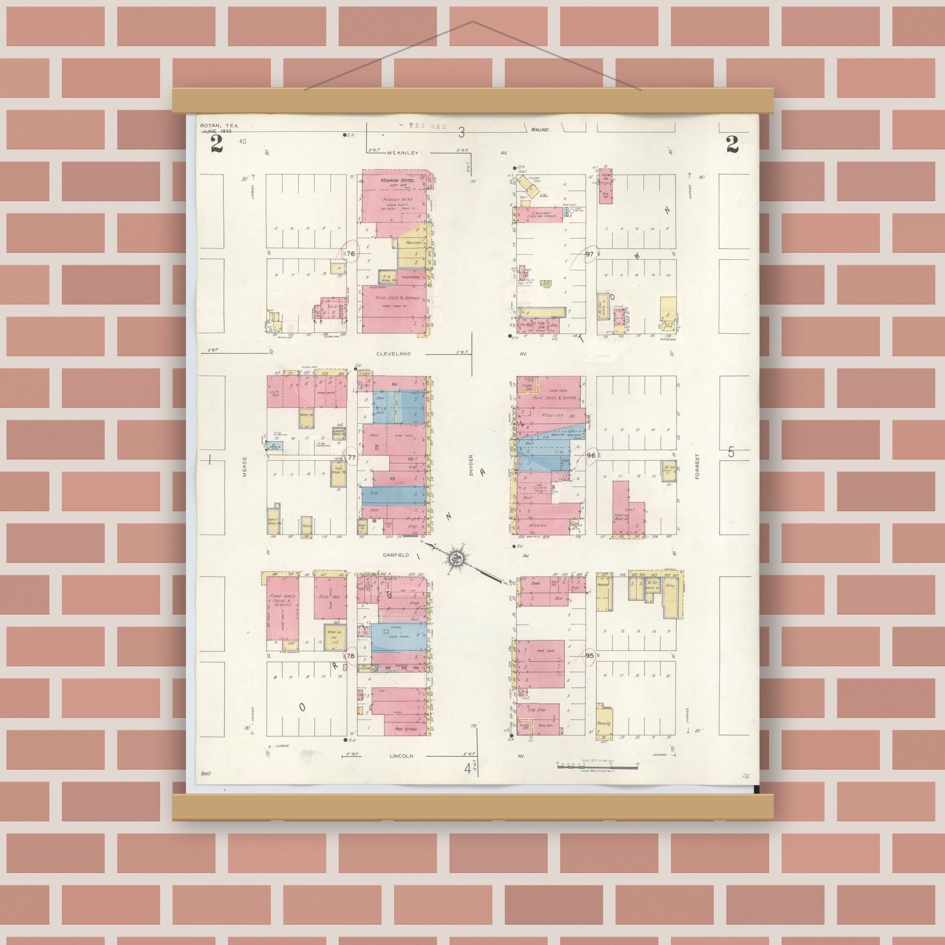 Old map wall art mockup — magnetic wood frame on brick wall — Sanborn Fire Insurance Map from Rotan, Fisher County, Texas (1940), Sheet #0002