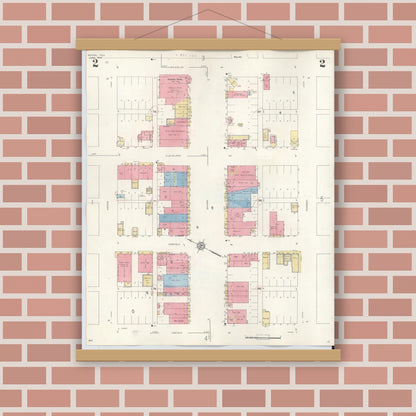 Old map wall art mockup — magnetic wood frame on brick wall — Sanborn Fire Insurance Map from Rotan, Fisher County, Texas (1940), Sheet #0002
