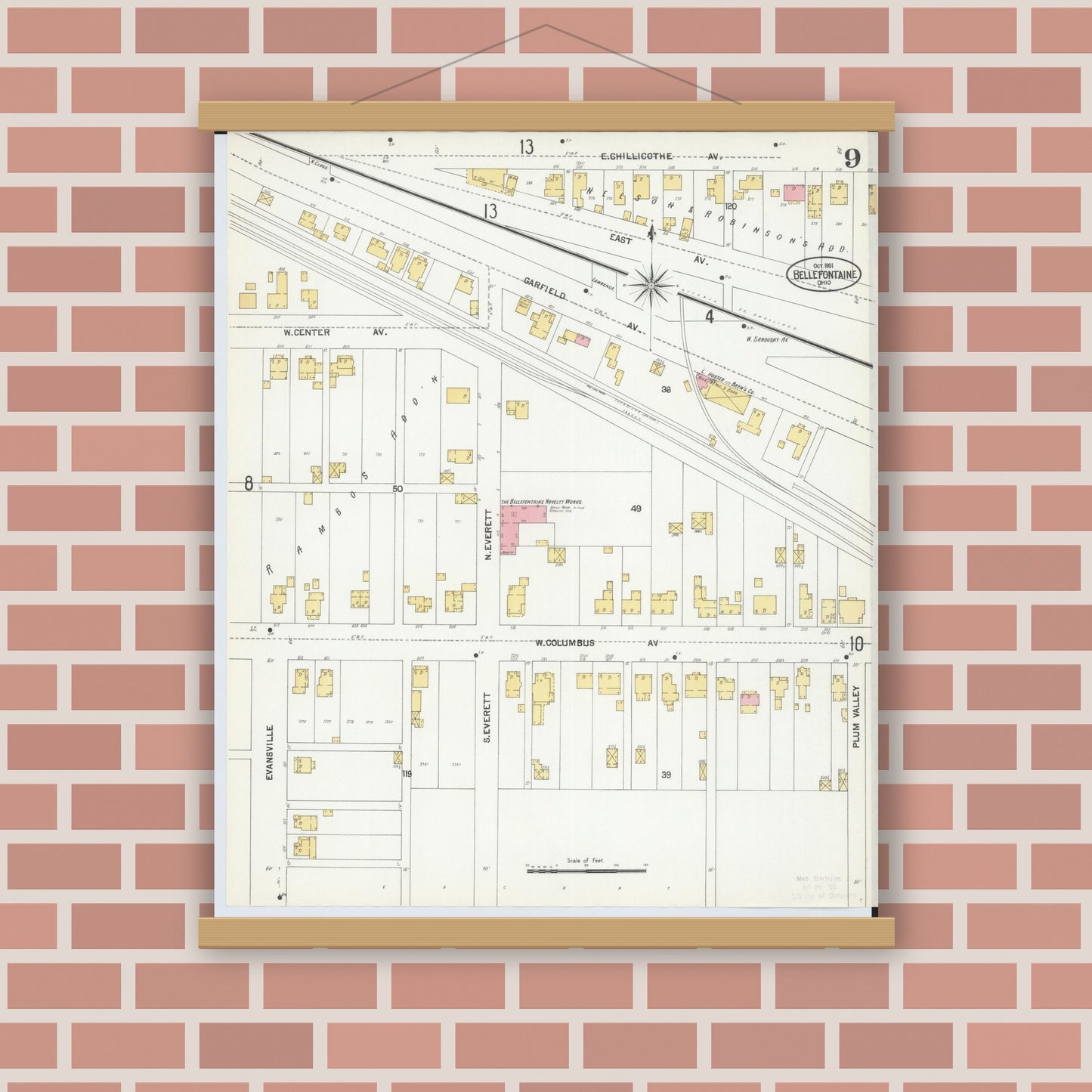 Old map wall art mockup — magnetic wood frame on brick wall — Sanborn Fire Insurance Map from Bellefontaine, Logan County, Ohio (1901), Sheet #0009