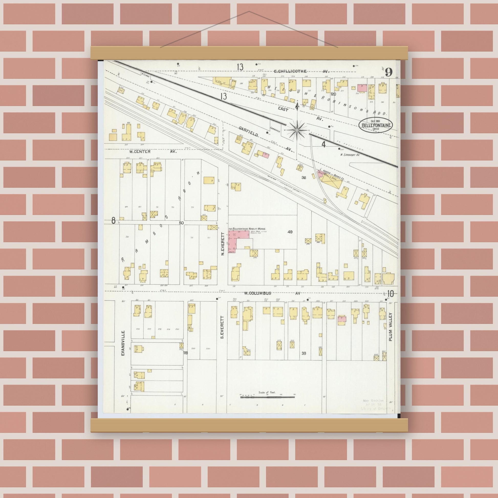 Old map wall art mockup — magnetic wood frame on brick wall — Sanborn Fire Insurance Map from Bellefontaine, Logan County, Ohio (1901), Sheet #0009