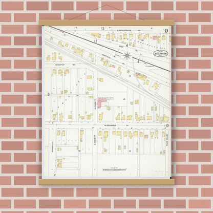 Old map wall art mockup — magnetic wood frame on brick wall — Sanborn Fire Insurance Map from Bellefontaine, Logan County, Ohio (1901), Sheet #0009