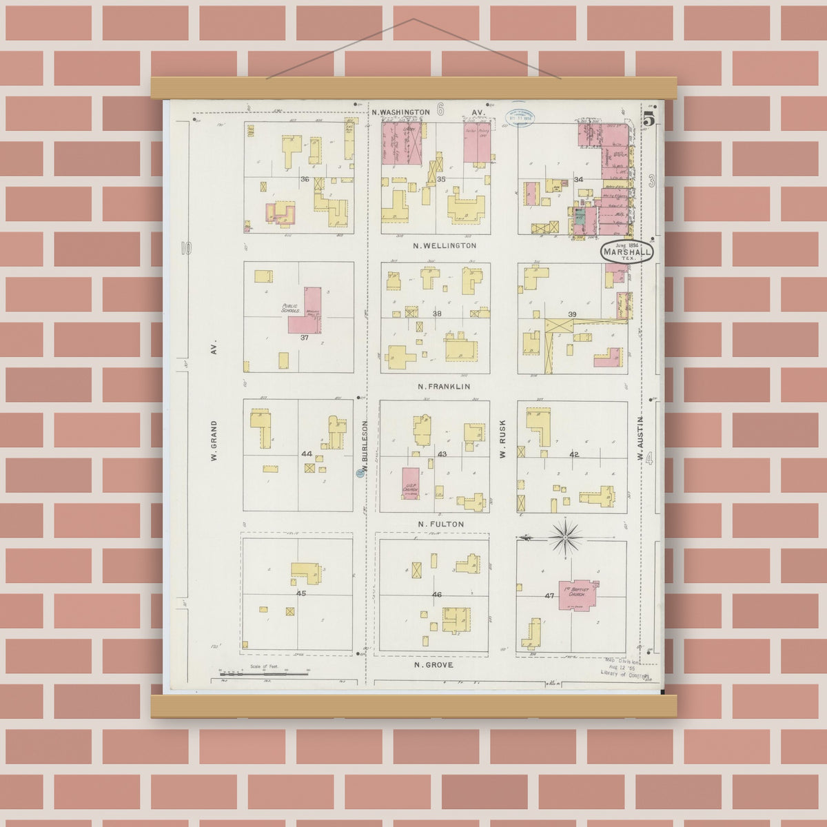 Old map wall art mockup — magnetic wood frame on brick wall — Sanborn Fire Insurance Map from Marshall, Harrison County, Texas (1894), Sheet #0005