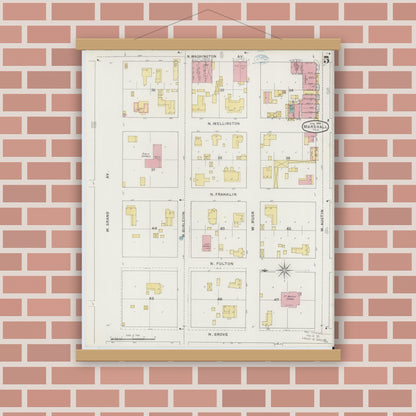 Old map wall art mockup — magnetic wood frame on brick wall — Sanborn Fire Insurance Map from Marshall, Harrison County, Texas (1894), Sheet #0005