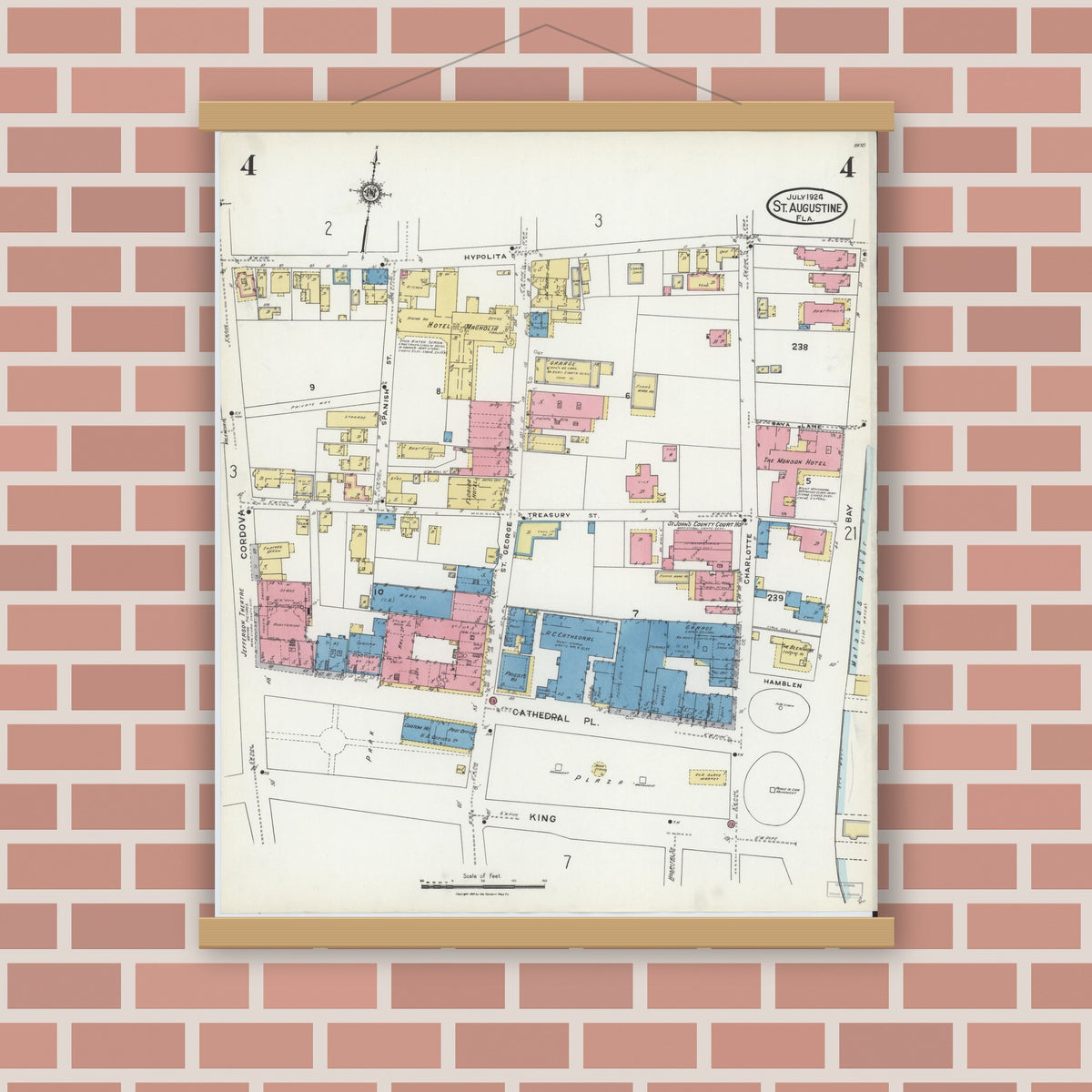 Old map wall art mockup — magnetic wood frame on brick wall — Sanborn Fire Insurance Map from Saint Augustine, Saint John's County, Florida (1924), Sheet #0004
