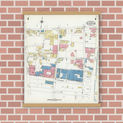 Old map wall art mockup — magnetic wood frame on brick wall — Sanborn Fire Insurance Map from Saint Augustine, Saint John's County, Florida (1924), Sheet #0004