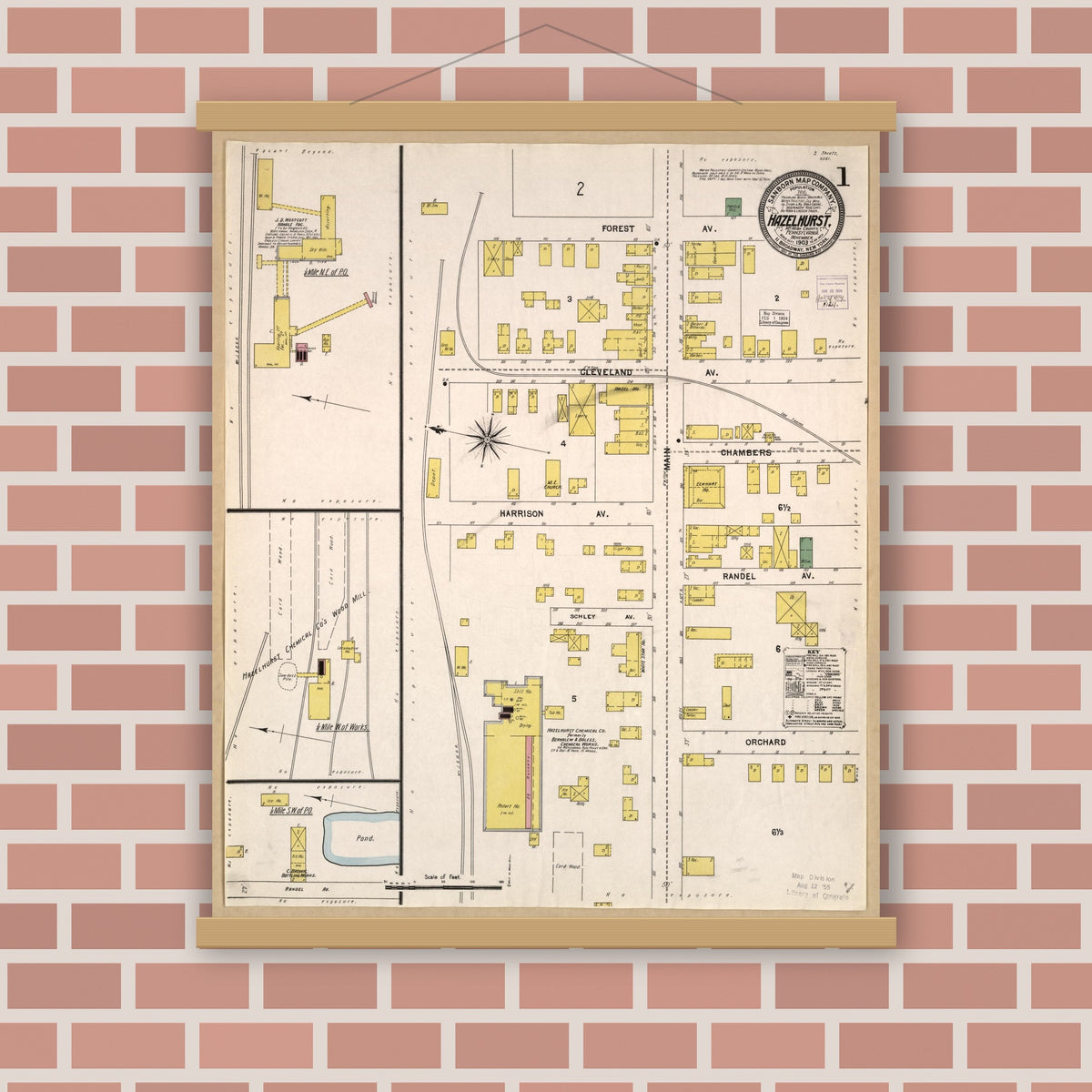 Old map wall art mockup — magnetic wood frame on brick wall — Sanborn Fire Insurance Map from Hazelhurst, McKean County, Pennsylvania (1903), Sheet #0001
