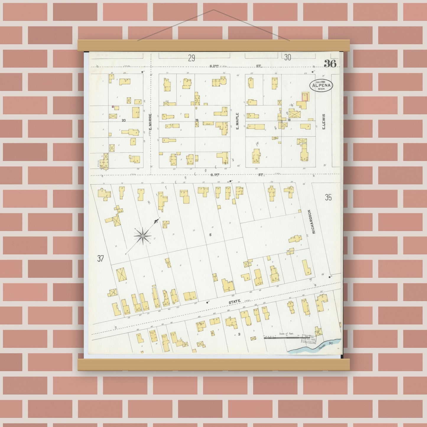 Old map wall art mockup — magnetic wood frame on brick wall — Sanborn Fire Insurance Map from Alpena, Alpena County, Michigan (1901), Sheet #0036