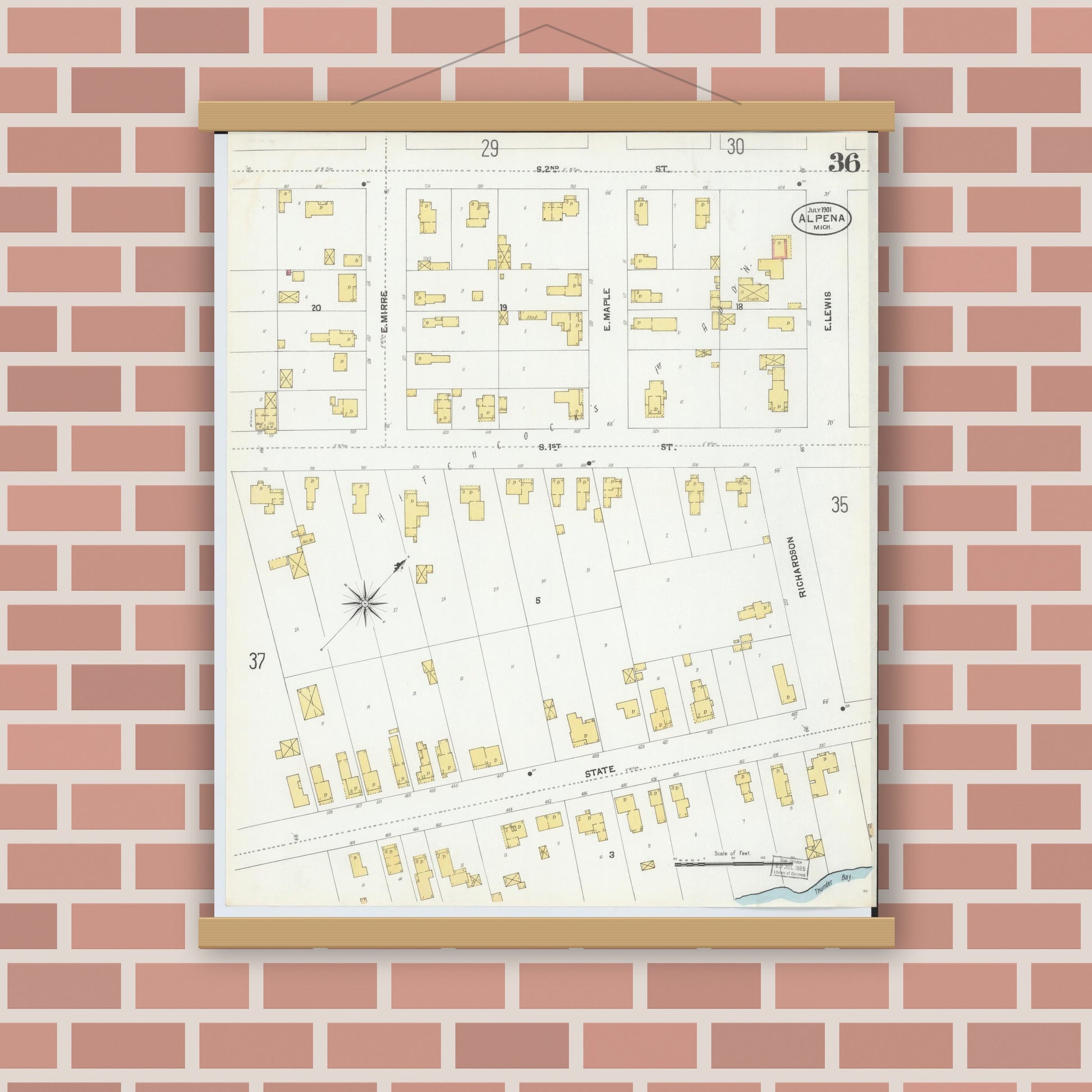 Old map wall art mockup — magnetic wood frame on brick wall — Sanborn Fire Insurance Map from Alpena, Alpena County, Michigan (1901), Sheet #0036