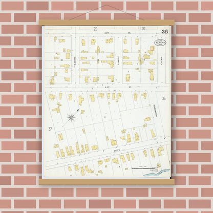 Old map wall art mockup — magnetic wood frame on brick wall — Sanborn Fire Insurance Map from Alpena, Alpena County, Michigan (1901), Sheet #0036