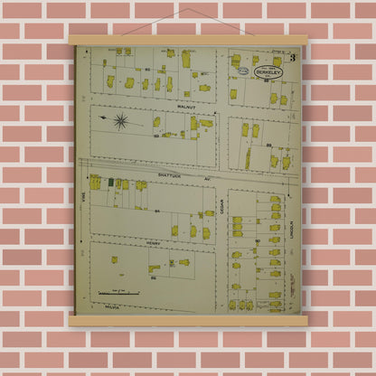 Old map wall art mockup — magnetic wood frame on brick wall — Sanborn Fire Insurance Map from Berkeley, Alameda County, California (1894), Sheet #0003