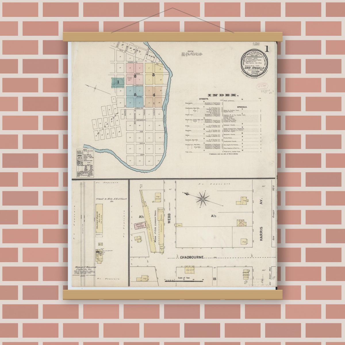 Old map wall art mockup — magnetic wood frame on brick wall — Sanborn Fire Insurance Map from San Angelo, Tom Green County, Texas (1889) - Complete Map Set