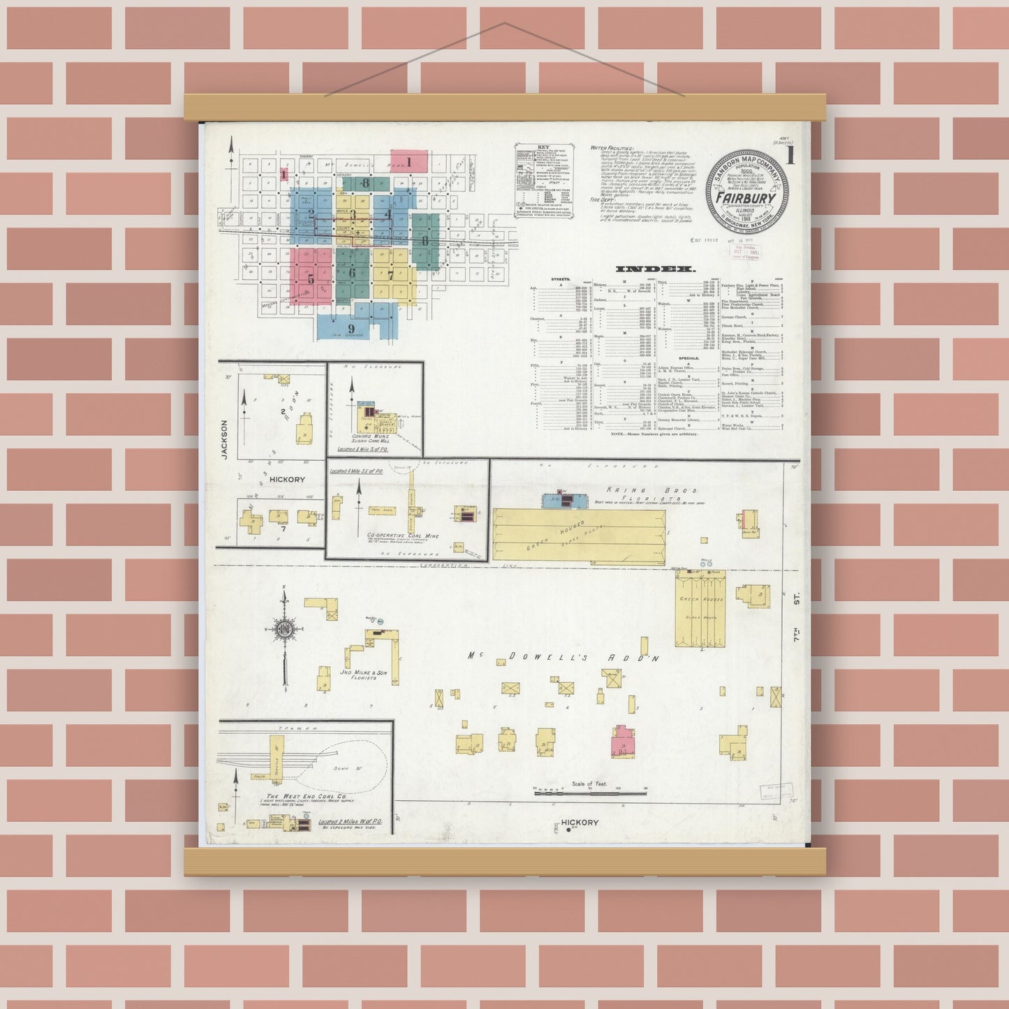 Old map wall art mockup — magnetic wood frame on brick wall — Sanborn Fire Insurance Map from Fairbury, Livingston County, Illinois (1911), Sheet #0001