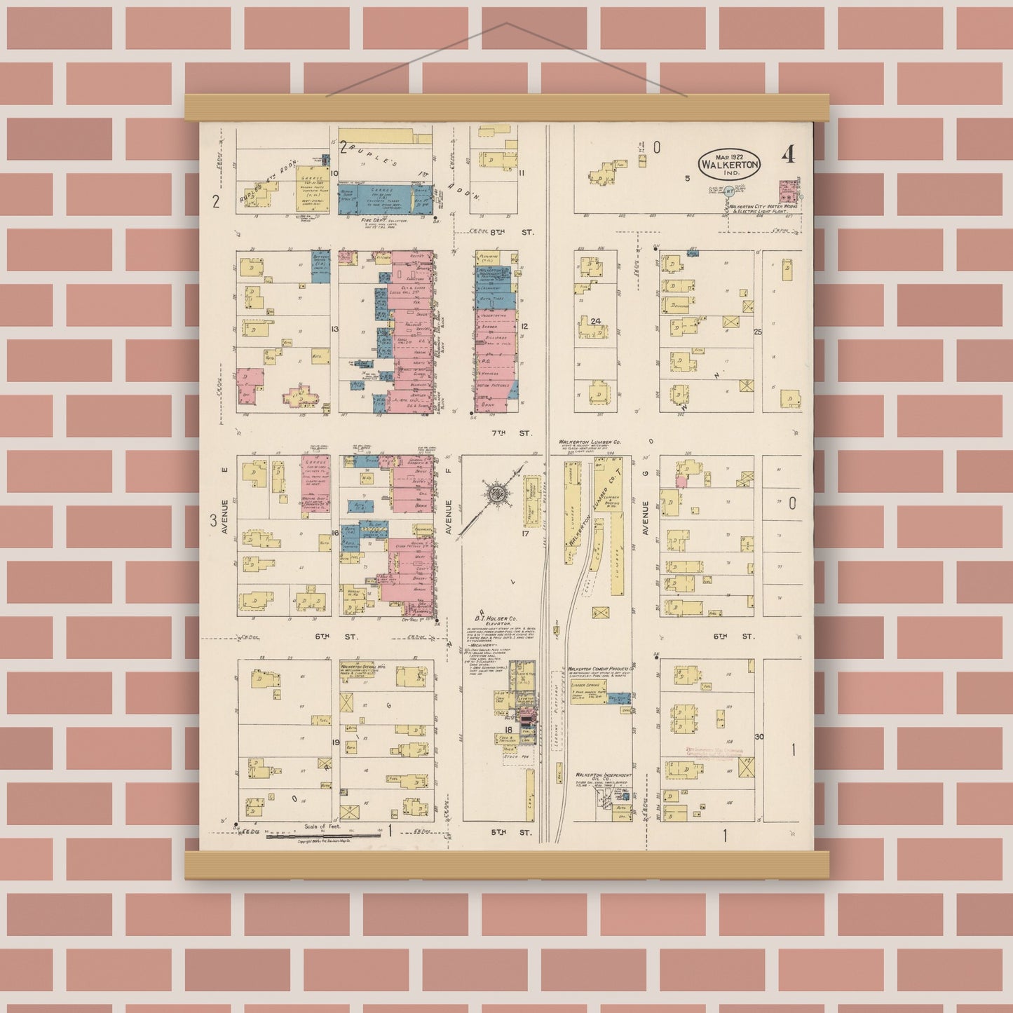 Old map wall art mockup — magnetic wood frame on brick wall — Sanborn Fire Insurance Map from Walkerton, Saint Joseph County, Indiana (1922), Sheet #0004