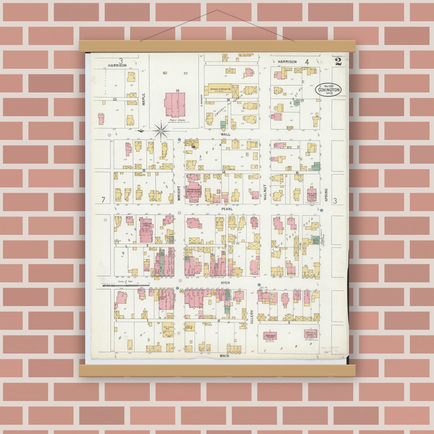 Old map wall art mockup — magnetic wood frame on brick wall — Sanborn Fire Insurance Map from Covington, Miami County, Ohio (1899), Sheet #0002