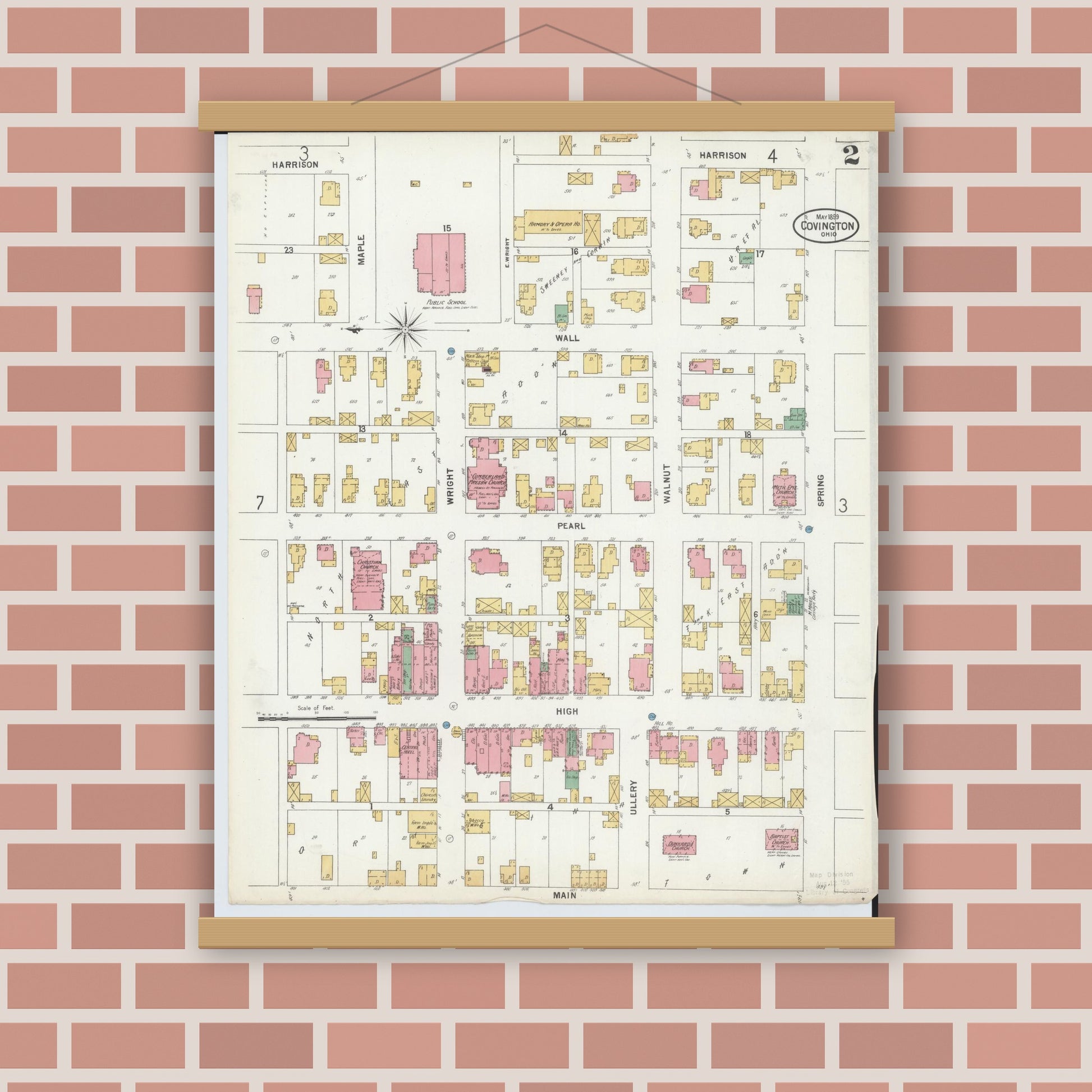 Old map wall art mockup — magnetic wood frame on brick wall — Sanborn Fire Insurance Map from Covington, Miami County, Ohio (1899), Sheet #0002