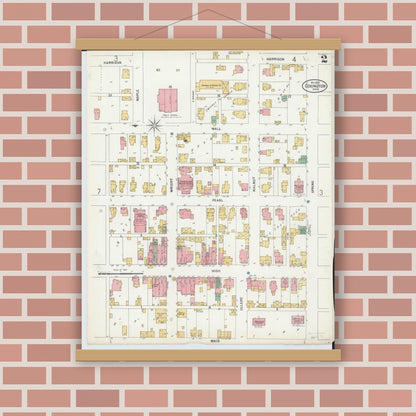 Old map wall art mockup — magnetic wood frame on brick wall — Sanborn Fire Insurance Map from Covington, Miami County, Ohio (1899), Sheet #0002