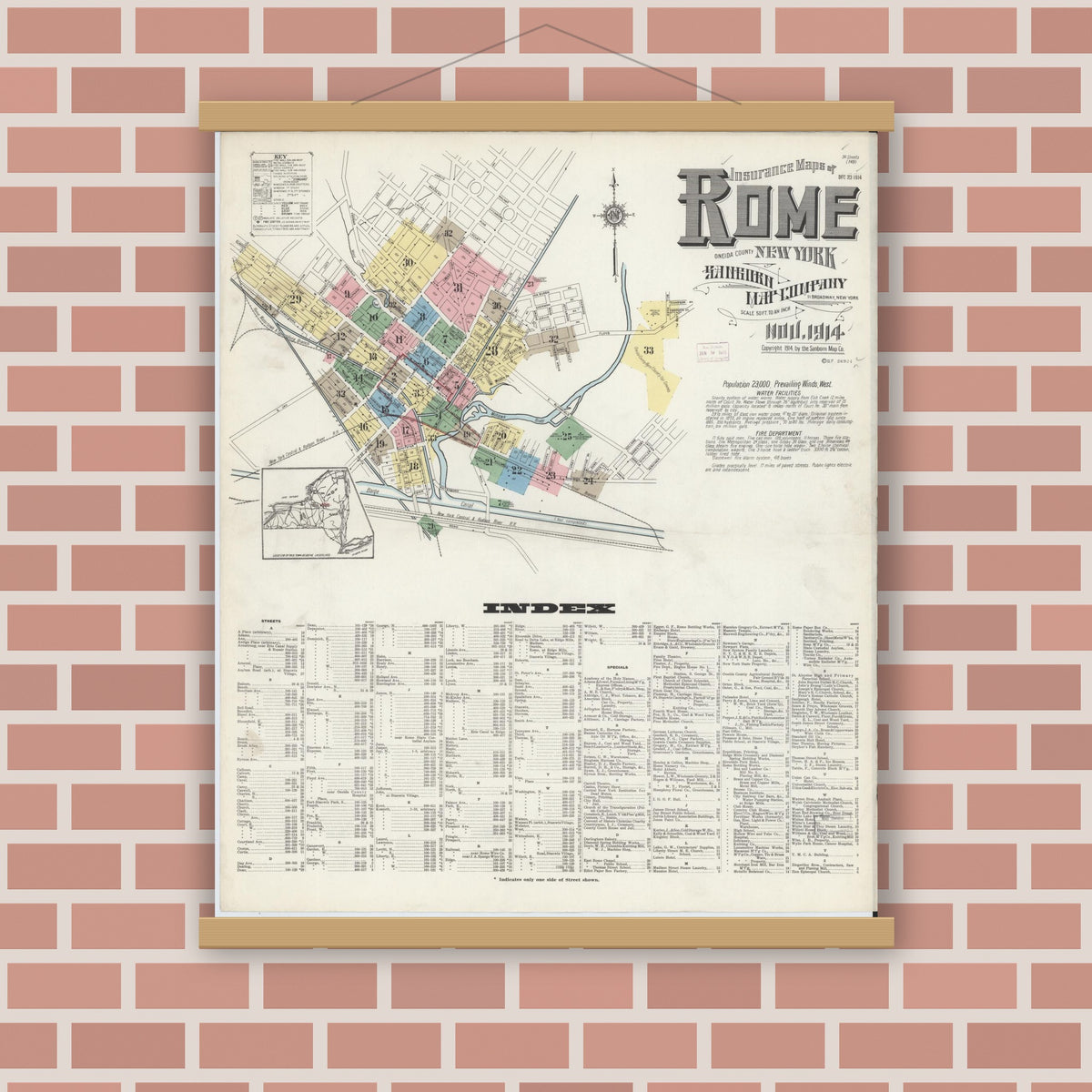 Old map wall art mockup — magnetic wood frame on brick wall — Sanborn Fire Insurance Map from Rome, Oneida County, New York (1914), Sheet #0001