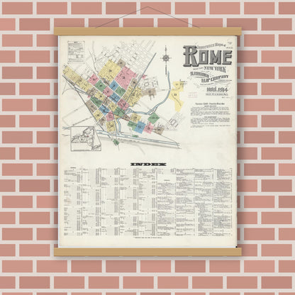 Old map wall art mockup — magnetic wood frame on brick wall — Sanborn Fire Insurance Map from Rome, Oneida County, New York (1914), Sheet #0001